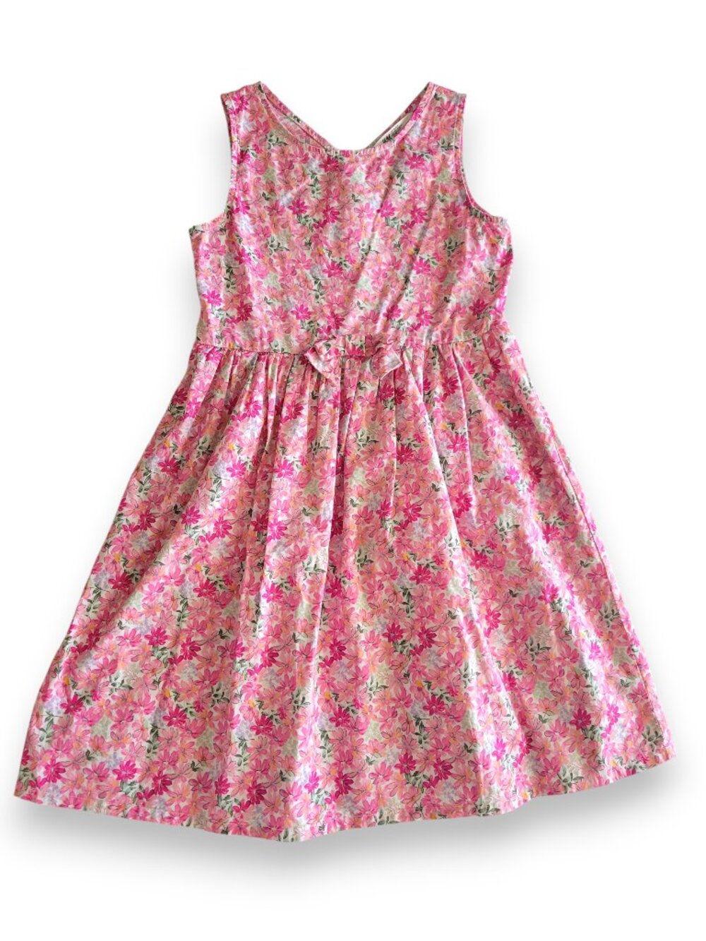 H&M Girls Pink Floral Sleeveless Sun Dress Cotton Bow Accent Size 10 EUC